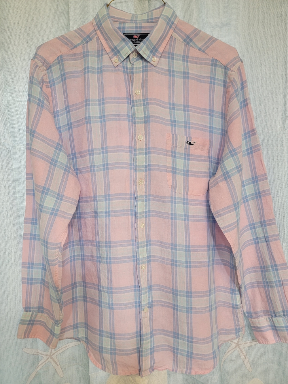 Vineyard Vines 1W1961 Men L Linen Tucker Shirt Russell Hill Plaid Flamingo LS